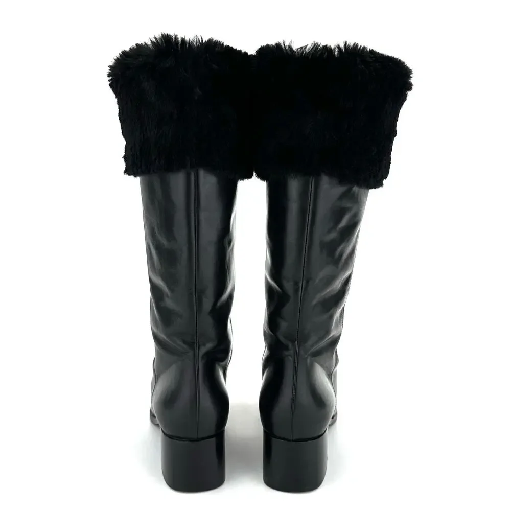 Bally Women Black Winter Knee High Boot Sz 36/5.5 Leather Foldable FurTrim Lined